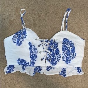 white and blue crop top and short set